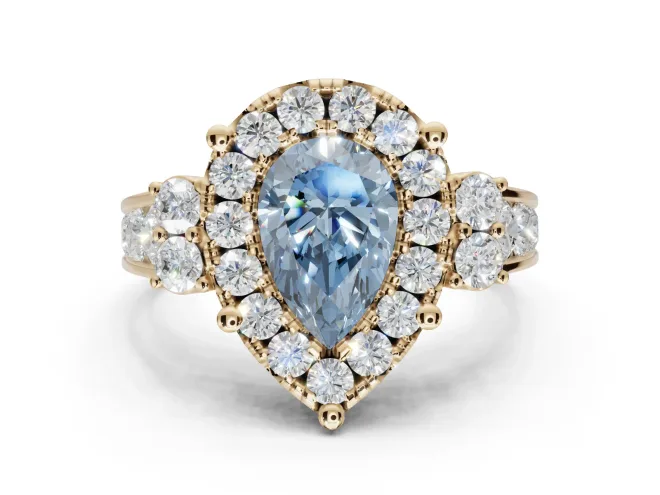 Pear-Shaped Halo Engagement Ring Setting for a Fancy Blue Lab-Grown Diamond | Graduated Channel Band | Yellow Gold