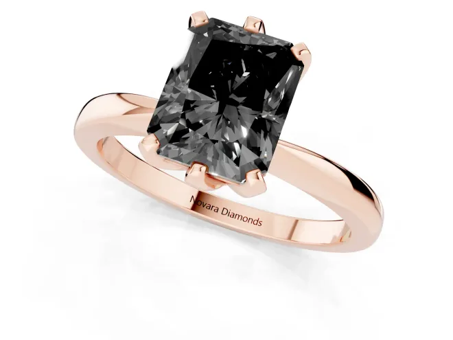 Fancy Black Radiant Cut Diamond Solitaire Engagement Ring Set in Rose gold with Slim Tapered Solitaire Band – second view