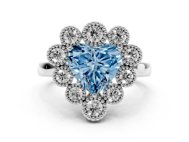 Fancy Blue Heart Cut Diamond Cluster Halo Ring Set in Platinum with Milgrain Bezel Accents and Plain Band