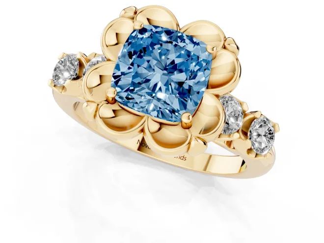 Fancy Blue Cushion Cut Diamond Floral Halo Ring Set in Yellow gold with Shared Prong Band – second view