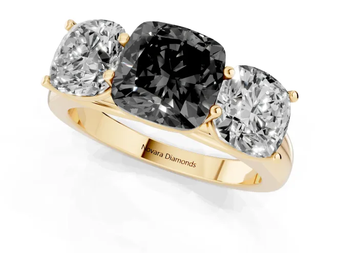 Fancy Black Cushion Cut Diamond Three-Stone Ring Set in Yellow gold with Plain Polished Band – second view
