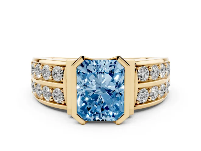 Radiant Cut Half Bezel Engagement Ring Setting for a Fancy Blue Lab-Grown Diamond | Channel Band | Yellow Gold