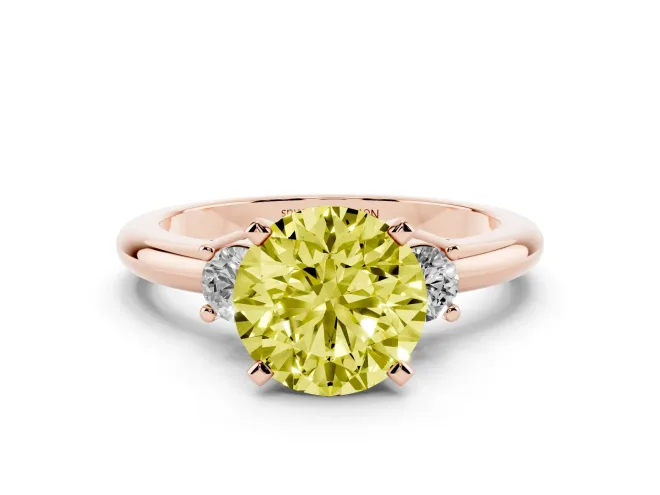Round Three Stone Engagement Ring Setting for a Fancy Yellow Lab-Grown Diamond | Round Side Stones | Rose Gold