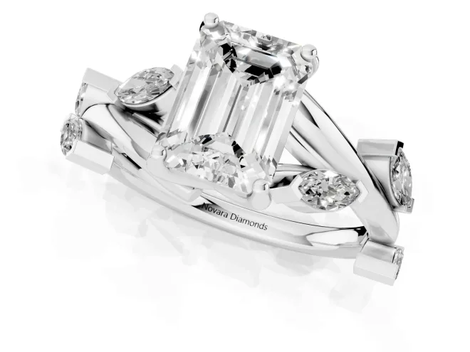 Emerald Cut Diamond Solitaire Ring Set in White gold with Twisted Marquise Accent Band – second view