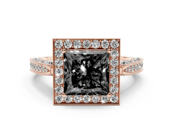 Princess Cut Milgrain Halo Engagement Ring Setting for a Black Center | Side Stones | Rose Gold