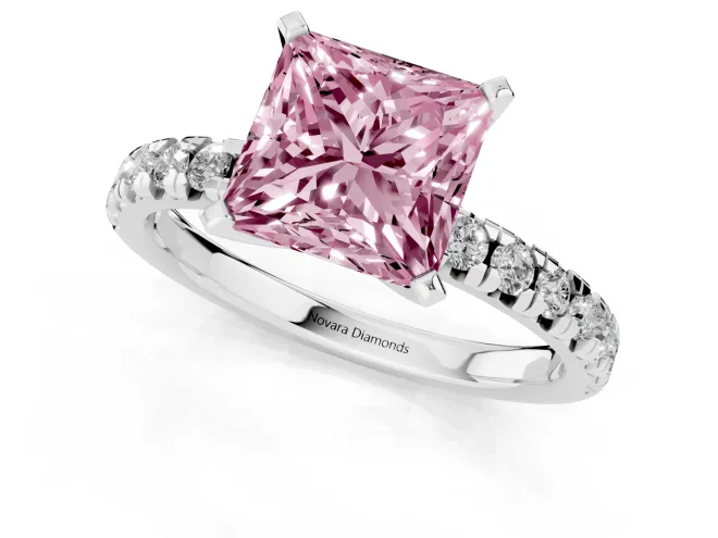 Fancy Pink Princess Cut Diamond Solitaire Pavé Engagement Ring Set in Silver with Round Band and Prong Setting – second view