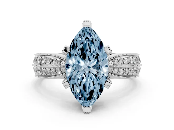 Marquise Milgrain Solitaire Engagement Ring Setting for a Fancy Blue Lab-Grown Diamond | Hidden Halo | Sterling Silver