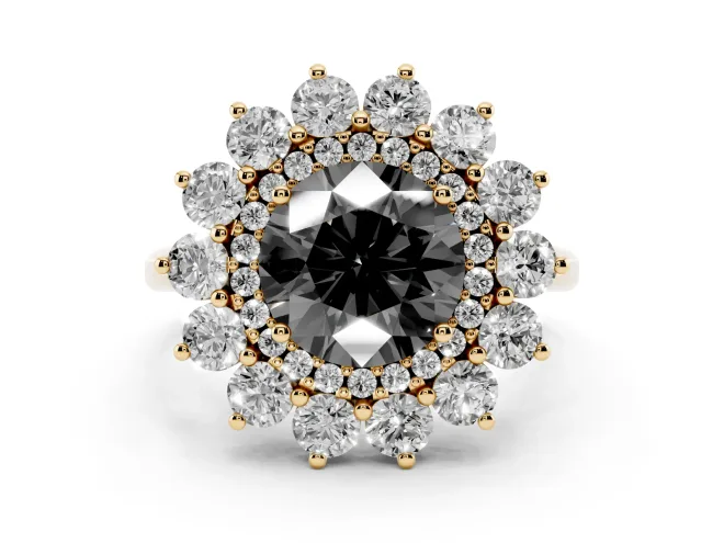Round Floral Double Halo Engagement Ring Setting for a Black Center | Plain Band | Yellow Gold