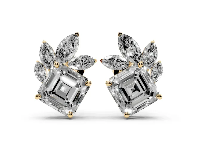 Asscher and Marquise Lab-Grown Diamond Cluster Stud Earrings | Marquise Leaf Spray | Yellow Gold