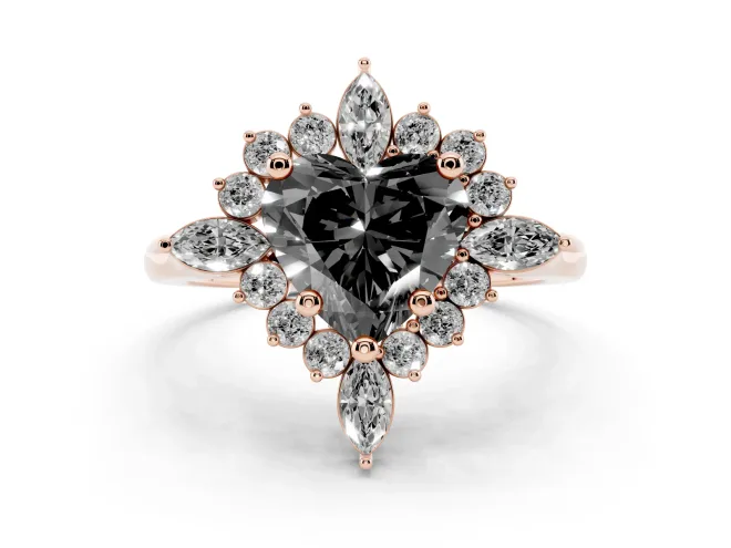 Fancy Black Heart Cut Diamond Cluster Halo Ring Set in Rose gold with Marquise and Round Accents