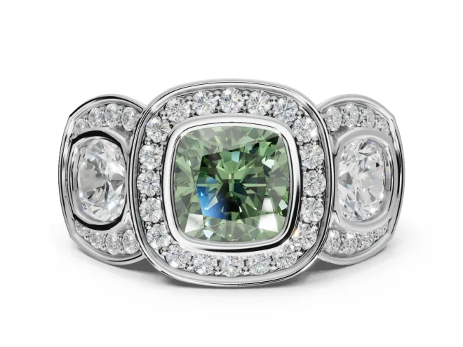 Cushion Cut Three Stone Halo Engagement Ring Setting for a Fancy Green Lab-Grown Diamond | Bezel Set | Sterling Silver
