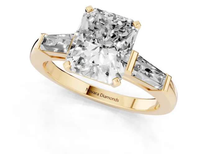 Radiant Cut Diamond Solitaire Ring Set in Yellow gold with Tapered Baguette Side Stones and Prong Setting – second view