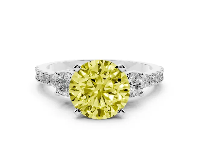 Fancy Yellow Three-Stone Round Cut Diamond Pavé Band Ring Set in Silver with Prong Setting
