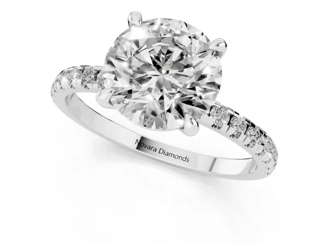 Round Cut Diamond Brilliant Solitaire Ring Set in White gold with Pavé Band and Prong Setting – second view
