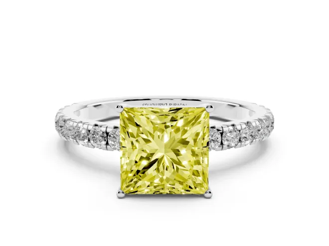 Princess Cut Pavé Engagement Ring Setting for a Fancy Yellow Lab-Grown Diamond | Shared Prong Band | Platinum