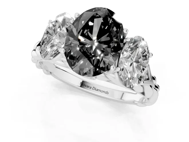 Fancy Black Oval Cut Diamond Three-Stone Ring Set in Silver with Braided Band – second view