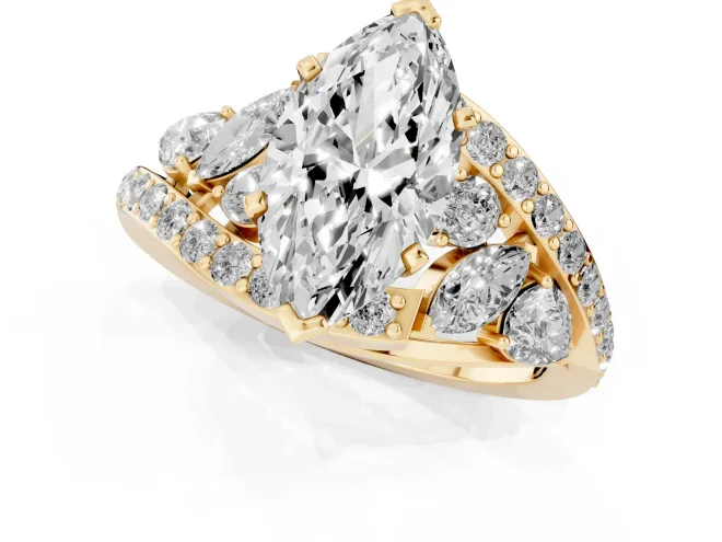 Marquise Cut Diamond Halo Ring Set in Yellow gold with Marquise and Pavé Band in Prong Setting – second view