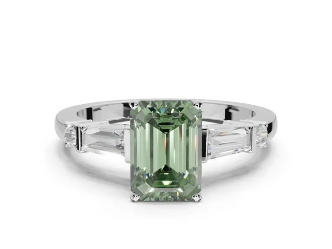 Emerald Cut Tapered Baguette Engagement Ring Setting for a Fancy Green Lab-Grown Diamond | Bar Set Sides | White Gold