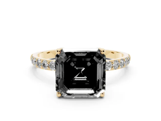 Asscher Cut Pavé Solitaire Engagement Ring Setting for a Black Center | Slim Band | Yellow Gold