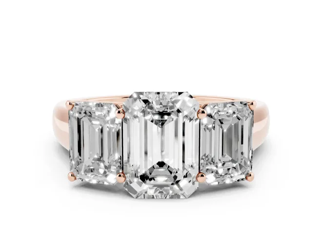 Emerald Cut Three Stone Engagement Ring Setting | Basket Prong Heads | Rose Gold