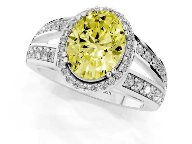 Fancy Yellow Oval Cut Diamond Halo Ring Set in White gold with Double Pavé Split Shank – second view