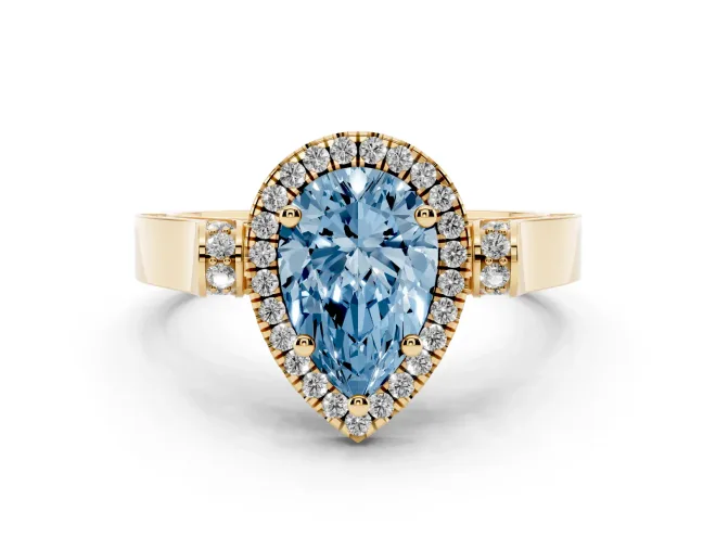 Pear-Shaped Halo Engagement Ring Setting for a Fancy Blue Lab-Grown Diamond | Pavé Panel Shoulders | Yellow Gold
