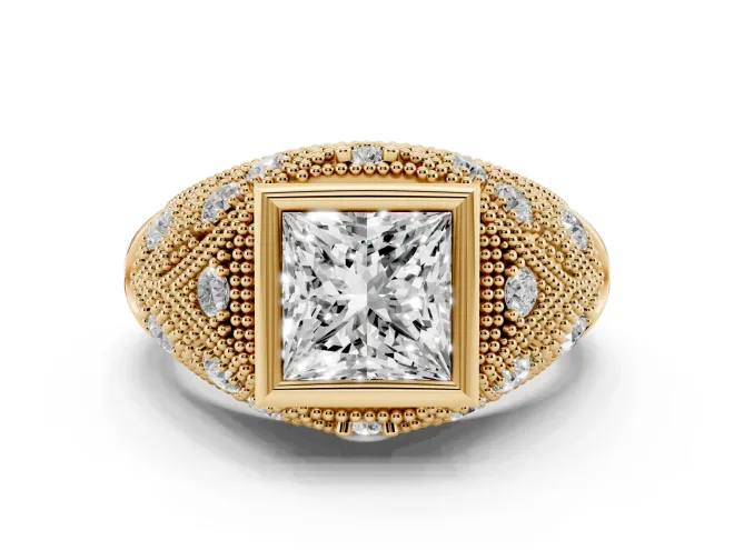 Princess Cut Diamond Bezel Ring Set in Yellow gold with Milgrain Accent Band
