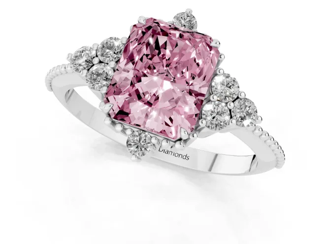 Fancy Pink Radiant Cut Diamond Cluster Ring Set in Platinum with Beaded Band – second view