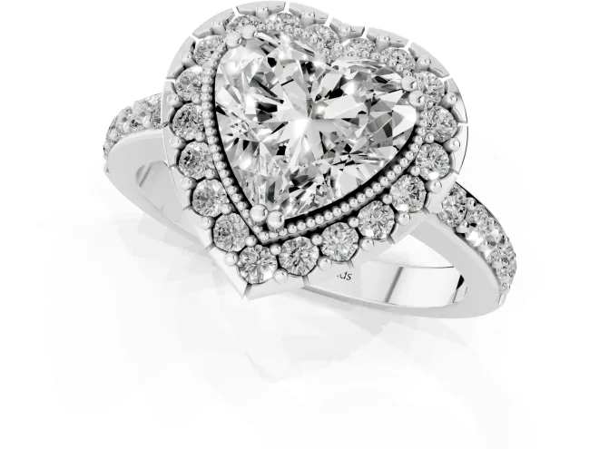 Heart Cut Diamond Halo Ring Set in Platinum with Pavé Shank and Prong Setting – second view