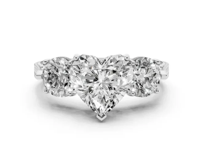 Heart Cut Diamond Three-Stone Ring Set in Silver with Milgrain Band