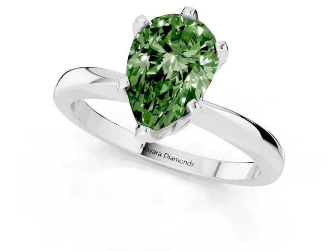 Fancy Green Pear Cut Diamond Solitaire Engagement Ring Set in White gold with Slim Tapered Solitaire Band – second view