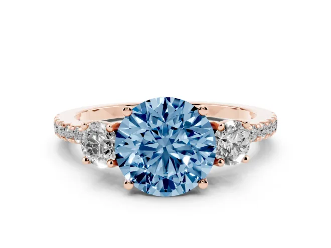Round Three Stone Engagement Ring Setting for a Fancy Blue Lab-Grown Diamond | Pavé Shoulders | Rose Gold