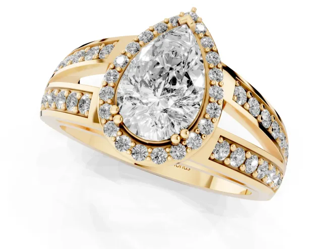Pear Cut Diamond Halo Ring Set in Yellow gold with Double Pavé Split Shank – second view