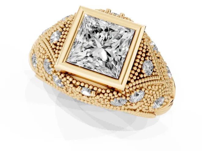 Princess Cut Vintage Bezel Engagement Ring Setting | Beaded Paisley Shoulders | Yellow Gold – second view