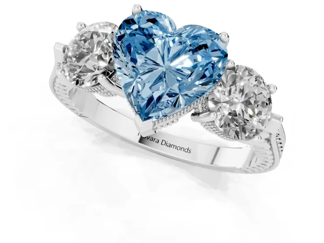 Fancy Blue Heart Cut Diamond Three-Stone Ring Set in Silver with Milgrain Band – second view