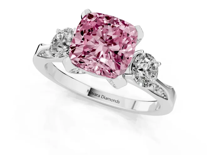 Fancy Pink Cushion Cut Diamond Three-Stone Ring Set in White gold with Pavé Band and Smaller Side Stones – second view