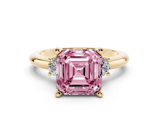 Asscher Cut Three Stone Engagement Ring Setting for a Fancy Pink Lab-Grown Diamond | Round Side Stones | Yellow Gold