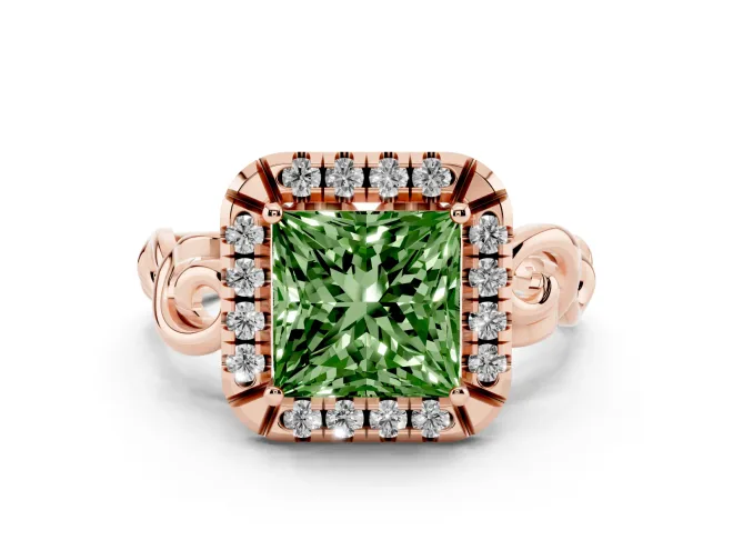 Princess Cut Filigree Halo Engagement Ring Setting for a Fancy Green Lab-Grown Diamond | Rose Gold