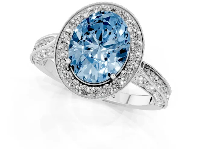 Fancy Blue Oval Cut Diamond Halo Engagement Ring Set in White gold with Accent Split Shank Band – second view