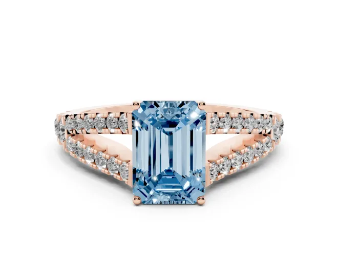 Fancy Blue Emerald Cut Diamond Split Shank Pavé Engagement Ring Set in Rose gold with Prong-Held Center Stone