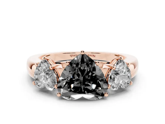 Heart-Shaped Three Stone Engagement Ring Setting for a Black Center | Plain Band | Rose Gold