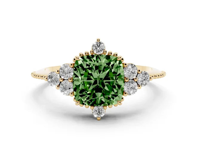 Fancy Green Cushion Cut Diamond Cluster Ring Set in Yellow gold with Beaded Band