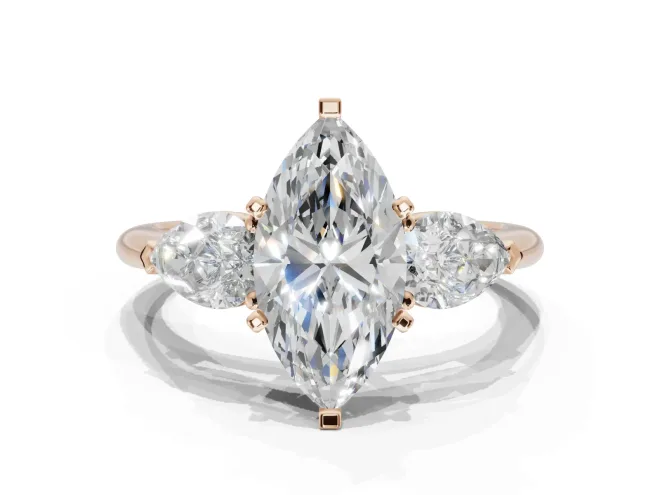 Marquise Three-Stone Engagement Ring Setting | Pear Side Stones | Rose Gold