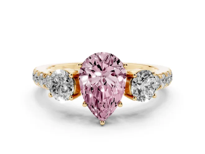 Pear-Shaped Engagement Ring Setting for a Fancy Pink Lab-Grown Diamond | Three Stone | Yellow Gold