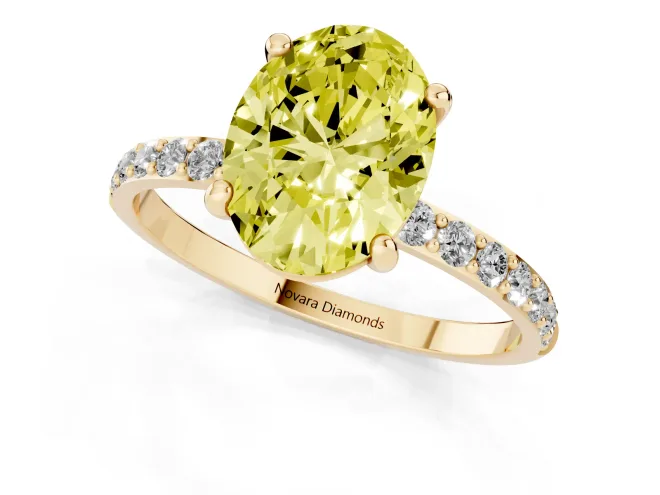 Fancy Yellow Oval Cut Diamond Solitaire Ring Set in Yellow gold with Round Pavé Band and Prong Setting – second view