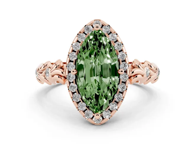 Fancy Green Marquise Cut Diamond Halo Ring Set in Rose gold with Filigree Leaf Band and Prong Setting