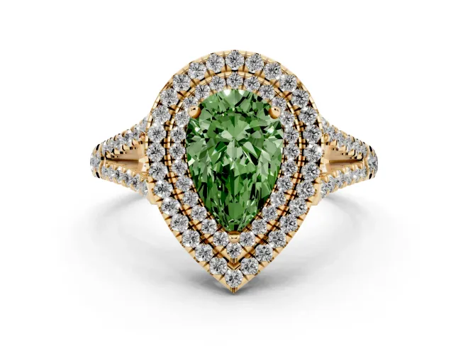Fancy Green Pear Cut Diamond Double Halo Ring Set in Yellow gold with Pavé Band