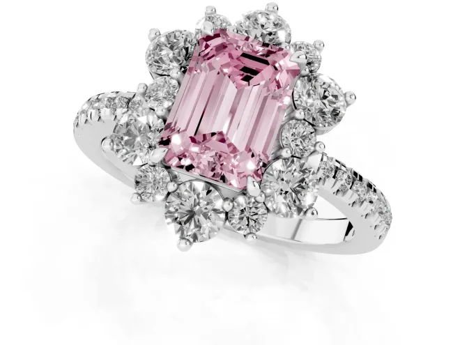 Fancy Pink Emerald Cut Diamond Floral Halo Ring Set in White gold with Round Pavé Band and Prong Setting – second view