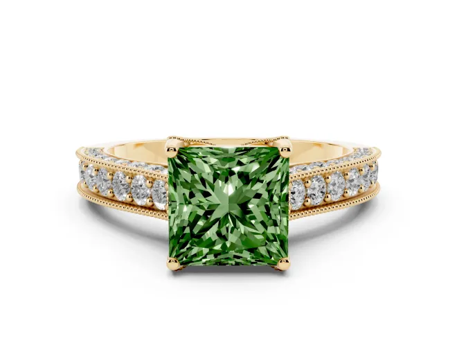 Princess Cut Hidden Halo Engagement Ring Setting for a Fancy Green Lab-Grown Diamond | Milgrain Pavé | Yellow Gold