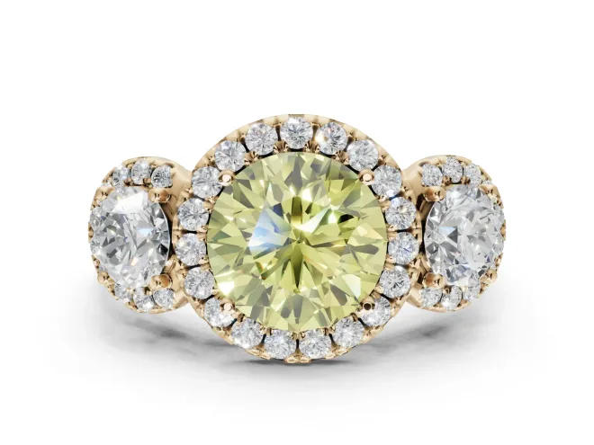 Round Three Stone Halo Engagement Ring Setting for a Fancy Yellow Lab-Grown Diamond | Yellow Gold